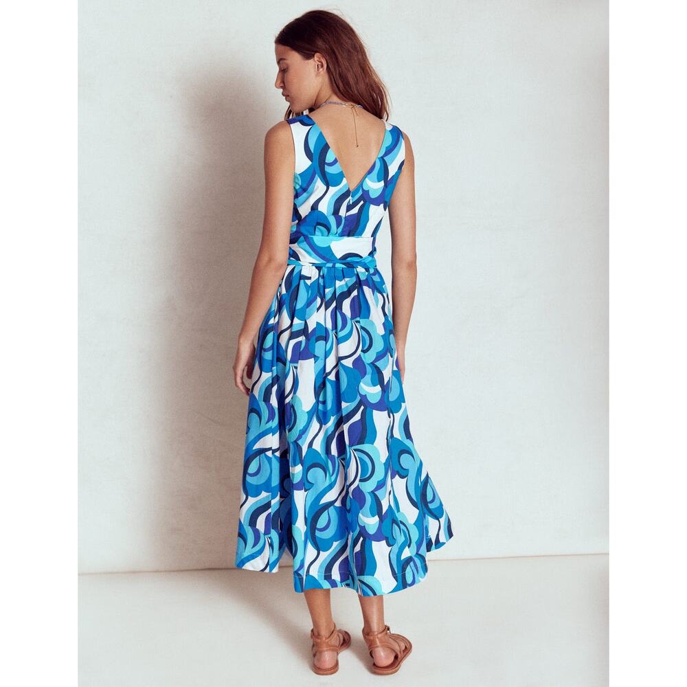 Boden Blue Abstract V-Neck Belted Midi Dress Fit & Flare‎ Sleeveless Size 14R - Picture 3 of 12